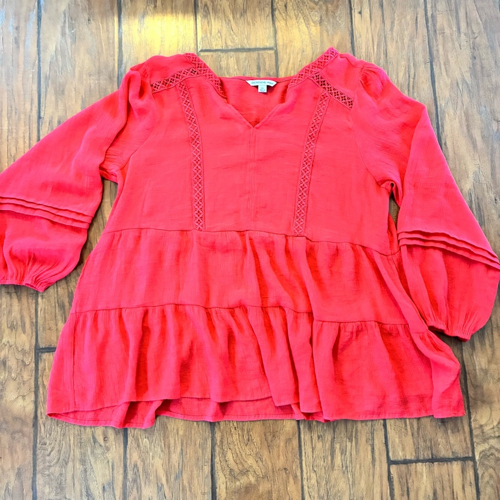 Zac & Rachel Vibrant Coral Boho V-Neck Tiered Flowy Peasant / Cottage Blouse - Picture 2 of 12